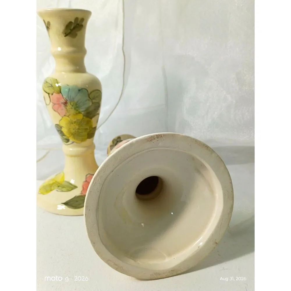 Vintage Hand Painted Floral Ceramic Taper Candle Holders Set Pair Yellow Roses